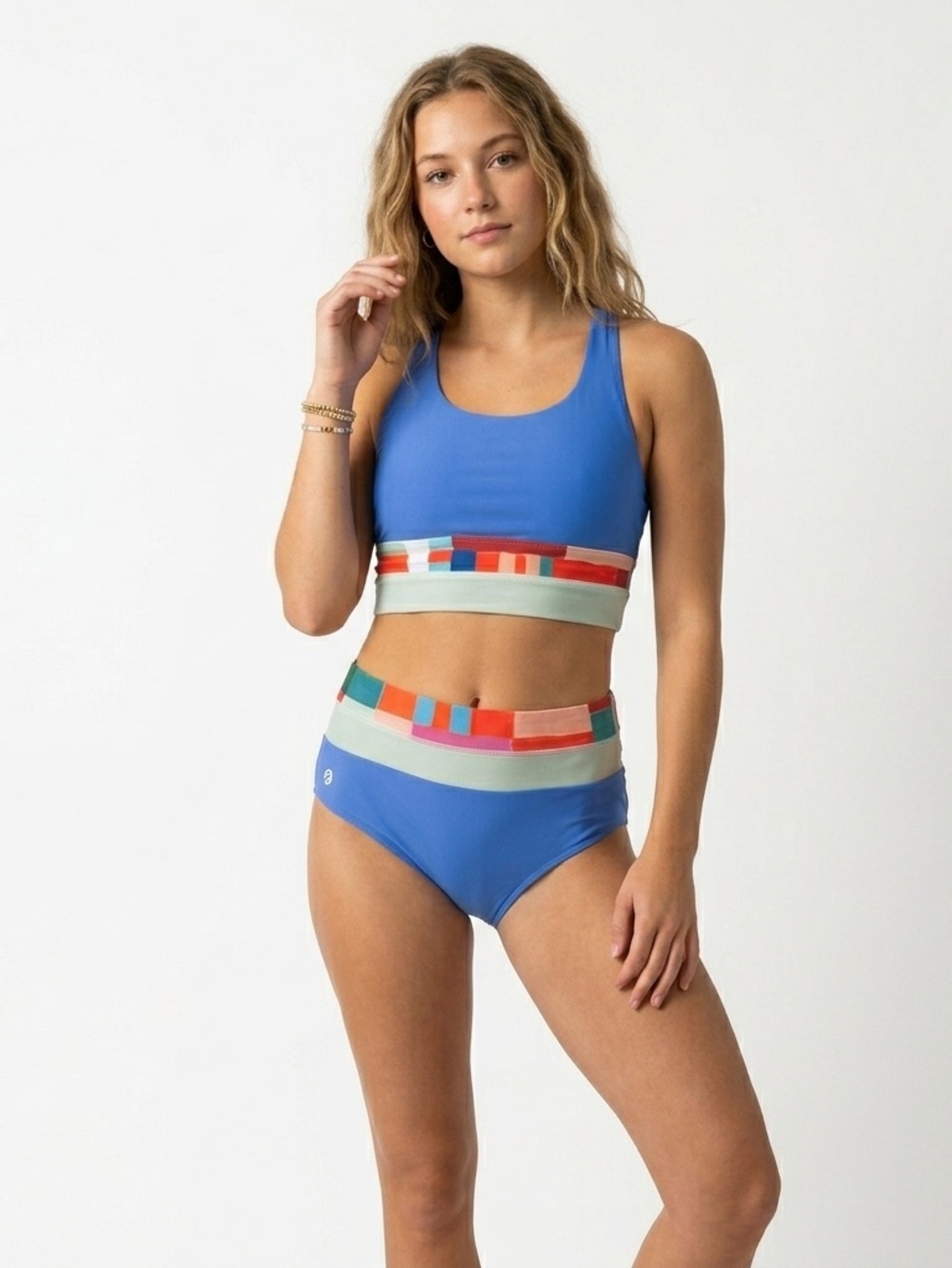 Blue High-Waist Bikini Set with Multi-Color Band